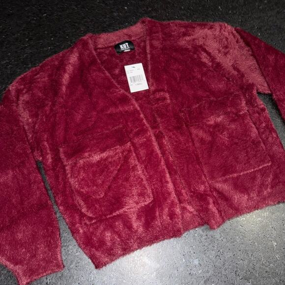 NEW KUT FROM THE KLOTH JANA FUZZY OPEN FRONT CARDIGAN WINE RED POCKETS SZ XS - Picture 2 of 11